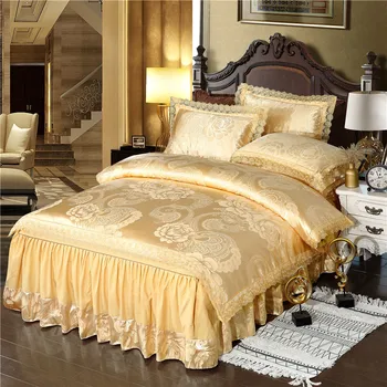 Elegantné posteľná bielizeň nastaviť štítky na Jacquardove posteľ sukne nastaviť perinu 4pcs/sada posteľnej bielizne, luxusné obliečky fialová Čipky posteľ nastaviť zlatá posteľ sukne