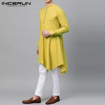Muži Dlhé Tričko Indické Oblečenie Farbou 2021 Dlhý Rukáv Vintage Kurtas Mužov Nepravidelný Košele Elegantné Moslimských Rúcha INCERUN 5XL