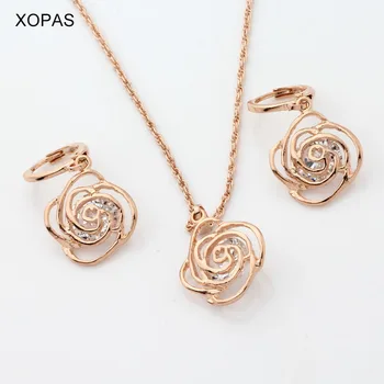 XOPAS 585 Rose Gold-farba Kvetu Tvar Náhrdelník Prívesok Náušnice Sady Náhrdelník Klasický Svadobný Set Bižutérie