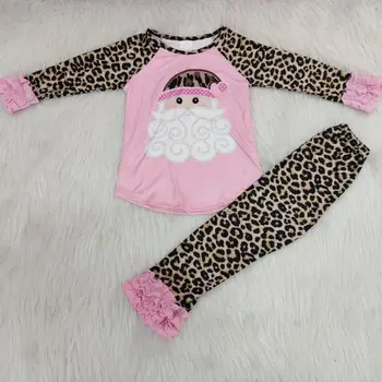 RTS Vianoce deti oblečenie námrazy dlho raglan rukáv top leopard santa ružové oblečenie baby dievčatá batoľa boutique oblečenie oblečenie