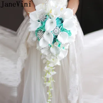 JaneVini 2019 Vodopád Svadobné Kvetinové Kytice, s Krištáľovo Biela Kala Lily Pearl Korálkové Umelé Svadobné Kytice flor novio