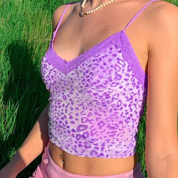 ALLNeon E-dievča Y2K Hot Pink Leopard Tlač tvaru s Čipkou Camis Topy Sladké Módne Špagety Popruh Backless Letné Plodiny Topy