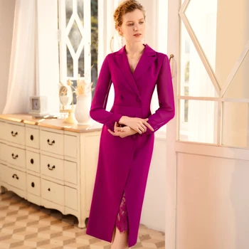 Nové 2020 jar ženy elegantné šaty dvojité breasted drážkou golier dlhý rukáv čipky vložka office lady plus veľkosť šaty purple