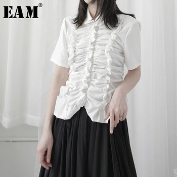 [EAM] Ženy [white Šnúrkou Skladaný, Blúzky, Nové Klope Krátky Rukáv Voľné Nosenie Tričko Fashion Príliv Jar Leto 2021 1U954