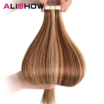 Alishow Pásky V Remy Ľudské Vlasy Rozšírenia Dvojité Vypracovaný Vlasy Rovné Neviditeľné Pokožky Útku PU Pásky Na predlžovanie Vlasov