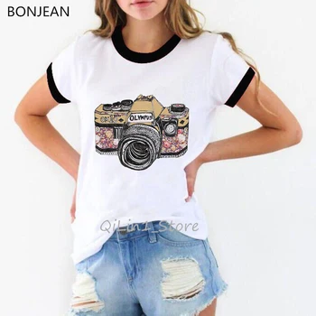 Akvarel kvet fotoaparát vytlačené tričko ženy vintage t shirt femme streetwear dovolenku tričko 90. rokov tumblr oblečenie letné topy tees