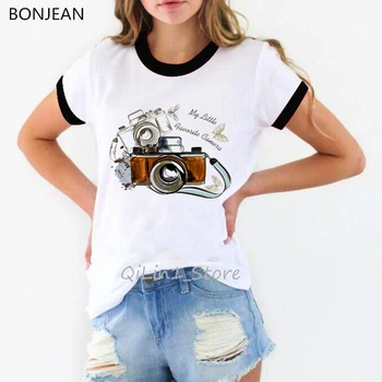 Akvarel kvet fotoaparát vytlačené tričko ženy vintage t shirt femme streetwear dovolenku tričko 90. rokov tumblr oblečenie letné topy tees