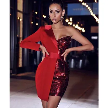 Veľkoobchod 2020 ženy šaty červené Zlato strieborné Flitre Jeden-ramenný Sexy celebrity boutique koktail party šaty