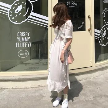 Streetwear Sundress Ženy Letné Dlhé Biele Prehrabať Šaty-line Pevné Vestidos Gumy Poprsie Vintage Jurken Župan Femme Sukienki