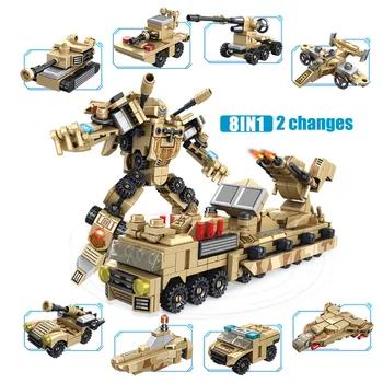Mesto Technické Transformáciu Robota Auto stavebným Vojenské Trailer Mech Nádrž Truck 8 v 1 číselné Údaje Tehly Hračky Pre Deti,