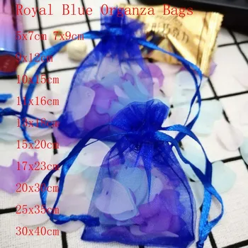 Kráľovská Modrá Organza Tašky 100ks/Veľa 7x9 9x12 10x15 13x18 15x20 cm Šperky Šnúrkou Tašky Vianoce/Svadba/Darčekové Balenie Tašky