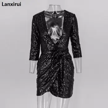 Módna Značka Nové Sequin Šaty Pre Ženy, Zlaté A Čierne Mini Šaty Hlboko V Krku Polovicu Rukáv Vestidos