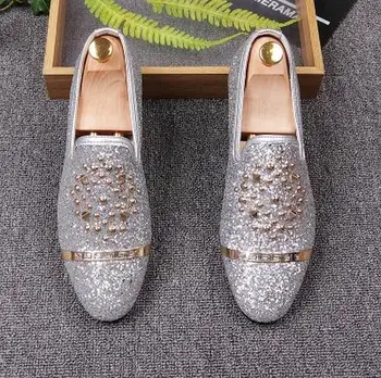 Nové Luxusné pánske Módne členkové Topánky Gold Glitter Voľný čas Pošmyknúť na Nity Mokasíny Topánky Muž Strany Pletie Šaty Topánky