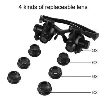 Sledujte Opravy Lupa Zväčšovacie Okuliare 10X 15X 20X 25X Dual Oko Šperky S 2 LED Svetlá, Nové Loupe Objektív Mikroskopu