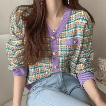 Kórejský-Elegantný Štýl Vintage Multi-Farebné Koberčeky tvaru Single-Breasted Voľné Dlhým Rukávom Pletený Sveter teplý Sveter Kabát Ženy