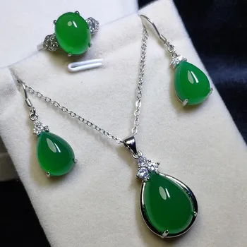 LETSFUN 3ks S925 Sterling Silver Natural Green Jade Drahokam Náhrdelníky Náušnice Krúžok Žien luxusné Šperky Set