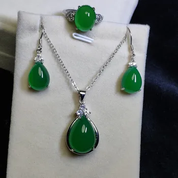 LETSFUN 3ks S925 Sterling Silver Natural Green Jade Drahokam Náhrdelníky Náušnice Krúžok Žien luxusné Šperky Set