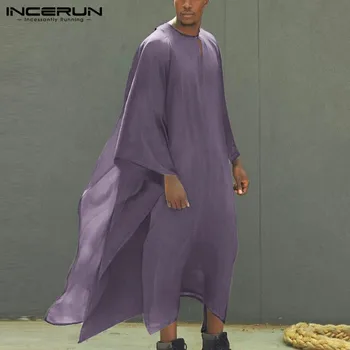 INCERUN Vintage Muži Takí Voľné Streetwear Nepravidelný Kaftane Farbou Islamskej arabské Moslimské Kaftan O Krk Mužov Oblečenie S-5XL 7