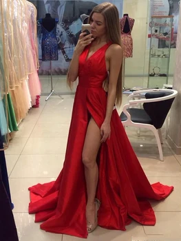 LORIE Jednoduché Satin Červené Večerné Šaty bez Rukávov Dlho Formálne Prom Party Šaty s Vreckami Plus Veľkosť 2020 Celebrity Šaty
