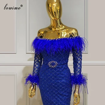 Kráľovská Modrá Koleno Dĺžke Koktejlové Šaty Morskej Panny Iskrivý Ženy Prom Šaty 2020 Turecký Couture Perie Party Šaty Vestidos