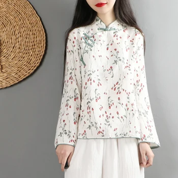 2020 klasické čínske ženy bavlnená posteľná bielizeň, blúzky dlhý rukáv tričko tradičné ručné tlačidlo kvet tlač topy tang oblečenie