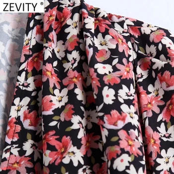 Zevity 2021 Ženy Sexy Hlboko V Krku Kvetinový Tlač Elastický Pás Tričko Šaty Femme Elegantné Lístkového Rukáv Breasted Vestido Oblečenie DS4935