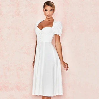 Ailigou 2020 Lete Kvalitné Námestie Krku Lístkového Rukáv Elegantné Šaty Žien Bielej Strednej Dĺžky Sexy Party Šaty Vestidos