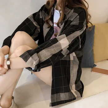 Gotický Harajuku BF Kockované Košele Ženy Topy Streetwear Voľné Bežné Elegantné Tričko Outwear kórejský Móde Jar Leto, Blúzky