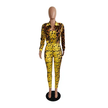 Adogirl Žltá Leopard Tlač Ženy Dve Kus Dlhý Rukáv, Krátke Bunda, Kabát Top Špagety Popruhy Jumpsuit Módy Sexy Oblek