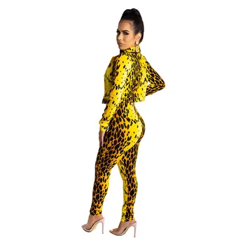 Adogirl Žltá Leopard Tlač Ženy Dve Kus Dlhý Rukáv, Krátke Bunda, Kabát Top Špagety Popruhy Jumpsuit Módy Sexy Oblek