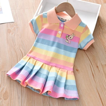 Dievčatá v Lete Rainbow Stripe Výtlačkov Bunny Krátky Rukáv Polo Šaty pre 2-7 Rokov Deti Roztomilé Sladké Dievčenské Oblečenie
