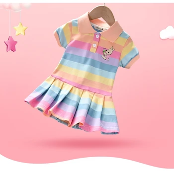 Dievčatá v Lete Rainbow Stripe Výtlačkov Bunny Krátky Rukáv Polo Šaty pre 2-7 Rokov Deti Roztomilé Sladké Dievčenské Oblečenie