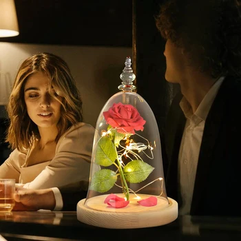 Kráska a Zviera Večný Ruže Kvet v Sklenenou Kupolou s LED Nočné Lampy, Svetlá, Vianočné Narodeniny valentínske Darčeky pre Dievča