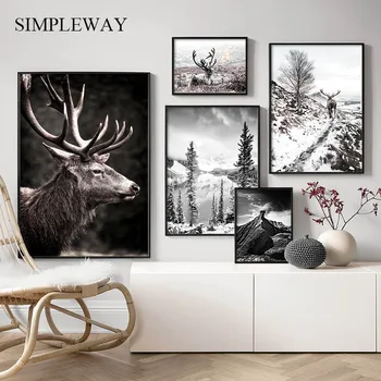 Škandinávskej Prírody Zimná Krajina Plagát, Tlač Horský Les Plátno Na Maľovanie Jeleň Wall Art Obraz Nordic Štýl Home Decor
