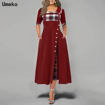 Umeko Lete Ženy Vysoký Pás Maxi Kockované Šaty Elegantné Módne Vintage Červená Plus Veľkosť Polovičný Rukáv U Krku Šaty Lady Sundress