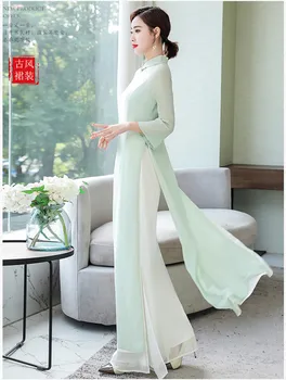 2020 Vietnamskej Aodai Čínsky qipao pre ženy top+nohavice-2ks/set