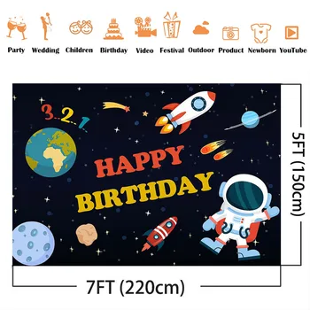 Vesmírne Dobrodružstvo narodeniny pozadie Chlapec, narodeniny, party dekorácie Astronaut Loď Tému Narodeniny Foto Pozadie prispôsobiť
