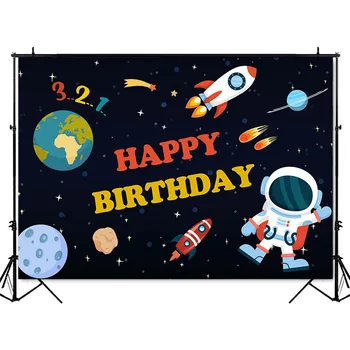 Vesmírne Dobrodružstvo narodeniny pozadie Chlapec, narodeniny, party dekorácie Astronaut Loď Tému Narodeniny Foto Pozadie prispôsobiť