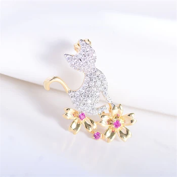 Luxusné Zirkón Cute Cat Kvet Crystal Brošňa pre Ženy Elegantný Šál Kolíky Šaty Svadobné Corsage Pin Módne Šperky broche