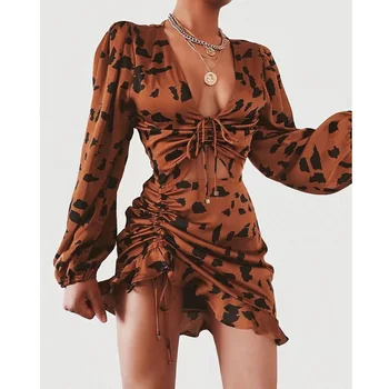 Nové Módne Svietidla Rukáv Leopard Šnúrkou Dizajn Volánikmi Šaty, Sexy ženy, Mini šaty