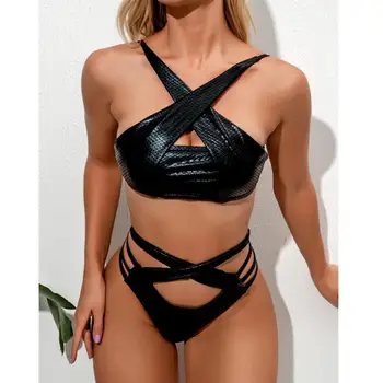 Sexy Hlboké V Python Tlač Bikini Set pre Ženy, Push-Up Pad Ťažné Kus Plavky Vysoký Pás Obväz Bikini Beach Plavky