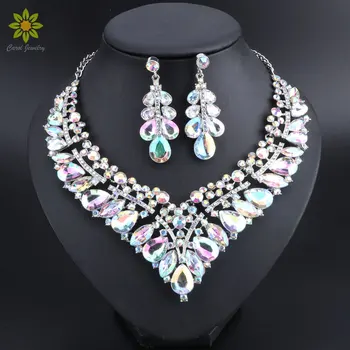 Luxusné Svadobné Šperky Množiny AB Farba Crystal, Náušnice, Náhrdelník nastaviť Darčeky pre Ženy Zoznamka Party Šaty Striebornú Farbu a Príslušenstvo
