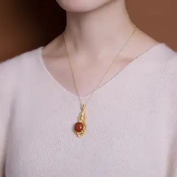 Nový silver vykladané prírodné južnej červená váza Prívesok Náhrdelník Čínskom štýle retro jedinečný piesku zlaté remeslo kúzlo ženy značky šperky