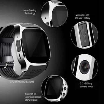 T8 Bluetooth Smart Hodinky Jednoduché Dotykové S Kamerou Volať Podporu SIM TF Karty Športové Smartwatch Pre IOS Android Muži Ženy Hodiny Band
