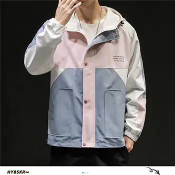 Hybskr Japonská Mozaika Mužov Bunda s Kapucňou 2020 Jeseň Streetwear Muž Zips Coats Módne pánske Príležitostné Voľné Bundy Kabát