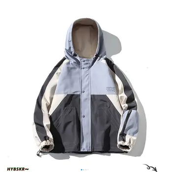 Hybskr Japonská Mozaika Mužov Bunda s Kapucňou 2020 Jeseň Streetwear Muž Zips Coats Módne pánske Príležitostné Voľné Bundy Kabát