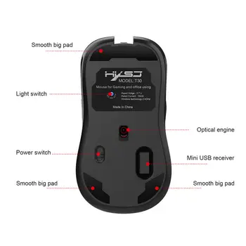 HXSJ T30 Wireless Gaming Mouse 3600 DPI Nabíjateľná 7 Farieb Chrbát-ľahké Dýchanie Pohodlie Hráč Myši Na pracovnú Plochu Počítača Prenosný počítač