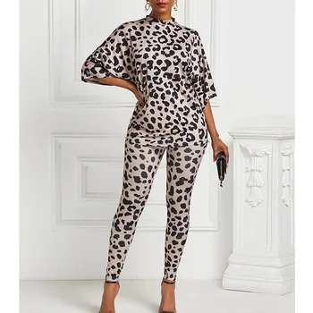 2020 Sexy Dve Dielna Sada Sexy Leopard Dlhý Rukáv Voľné Top A Vysokej Úsek Ceruzka Nohavice Nastaviť Dve Ženy Kus Oblečenie