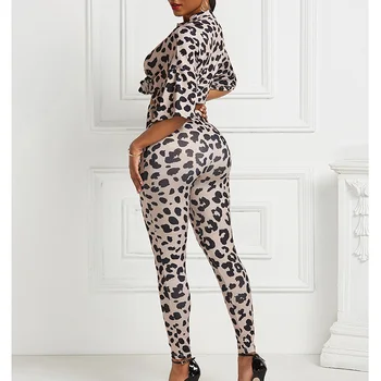 2020 Sexy Dve Dielna Sada Sexy Leopard Dlhý Rukáv Voľné Top A Vysokej Úsek Ceruzka Nohavice Nastaviť Dve Ženy Kus Oblečenie