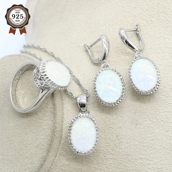 Biele Opálové Strieborné Šperky sady Pre Ženy, Luxusné 925 Sterling Silver Ring Náušnice Prívesok Nastaviť Módne Šperky